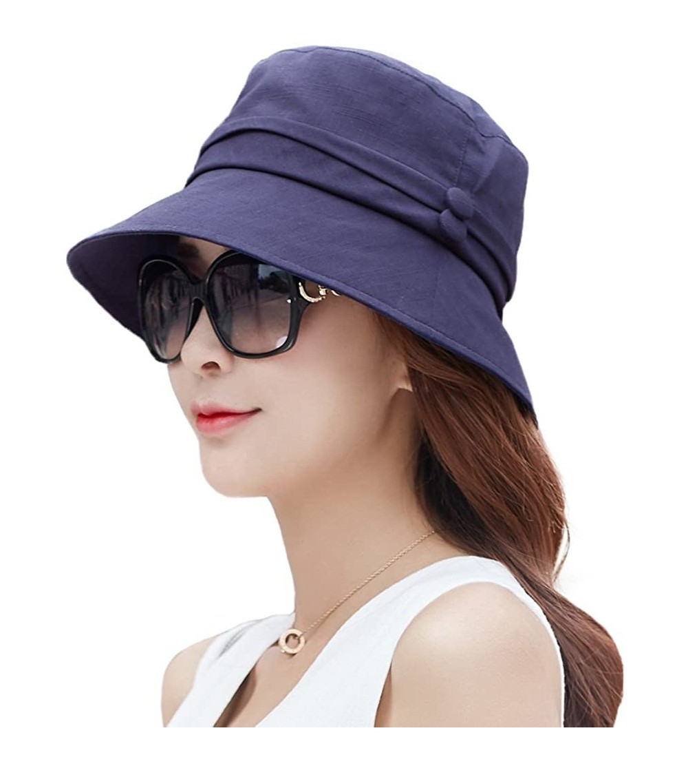 Bucket Hats Bucket Cord Sun Summer Beach Hat Wide Brim for Women Foldable UPF 50+ - 89024_navy - C017YX8M74A $14.18