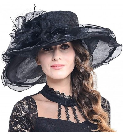 Sun Hats Women Organza Church Kentucky Derby Dress Fascinator Wide Brim Floral Tea Party Wedding Hat - Black - C712F6WO06D $2...