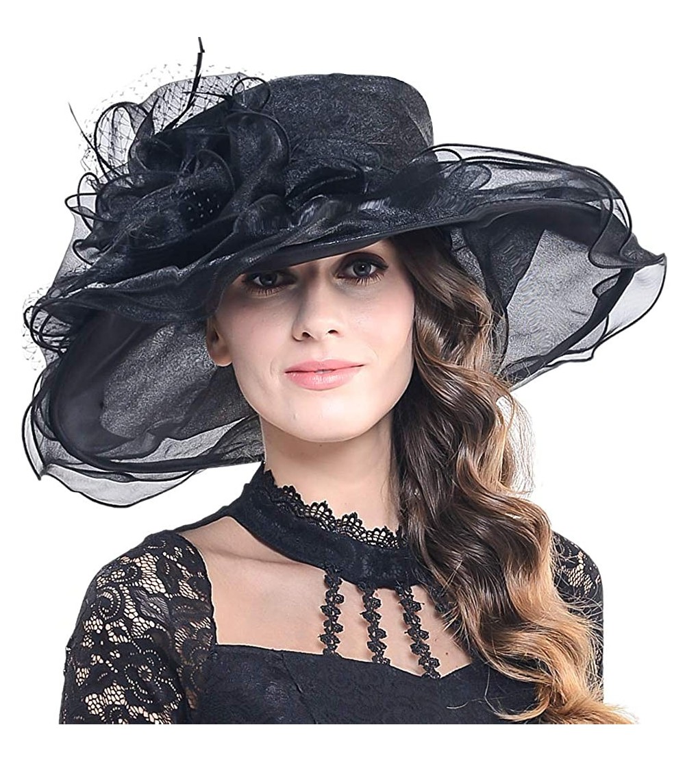 Sun Hats Women Organza Church Kentucky Derby Dress Fascinator Wide Brim Floral Tea Party Wedding Hat - Black - C712F6WO06D $2...