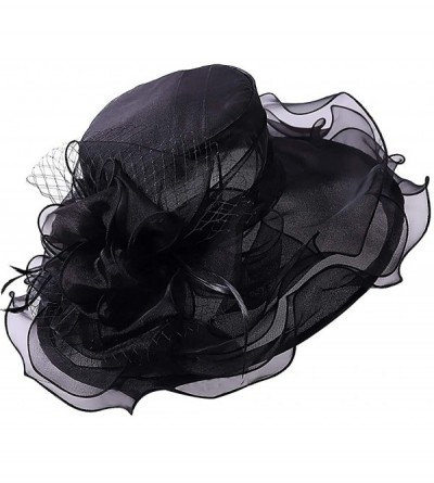 Sun Hats Women Organza Church Kentucky Derby Dress Fascinator Wide Brim Floral Tea Party Wedding Hat - Black - C712F6WO06D $2...