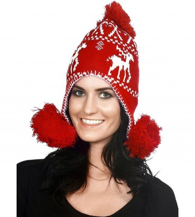 Skullies & Beanies Women's Knit Winter Beanie w/Earflap and Pom Balls - 3393_red Deer - CS127SEA0WT $11.45