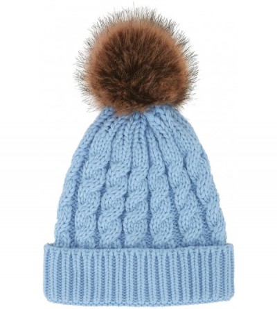 Skullies & Beanies Winter Hand Knit Beanie Hat with Faux Fur Pompom - Light Blue - C21827YMQQG $16.44