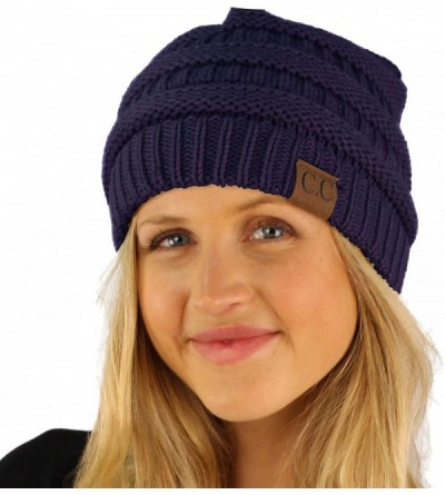 Skullies & Beanies Fleeced Fuzzy Lined Unisex Chunky Thick Warm Stretchy Beanie Hat Cap - Solid Navy - C018IT33MC8 $15.54