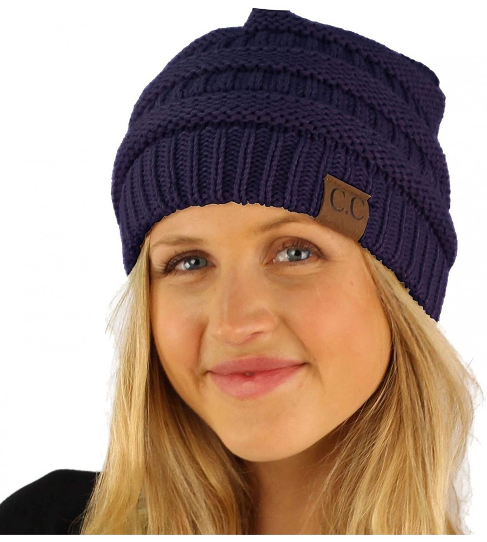 Skullies & Beanies Fleeced Fuzzy Lined Unisex Chunky Thick Warm Stretchy Beanie Hat Cap - Solid Navy - C018IT33MC8 $15.54