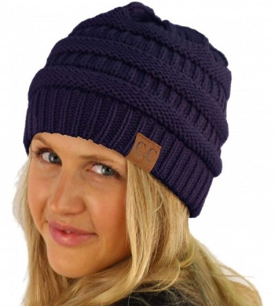 Skullies & Beanies Fleeced Fuzzy Lined Unisex Chunky Thick Warm Stretchy Beanie Hat Cap - Solid Navy - C018IT33MC8 $15.54