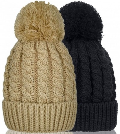 Skullies & Beanies Women's Winter Beanie Warm Fleece Lining - Thick Slouchy Cable Knit Skull Hat Ski Cap - Beige+black - CW18...