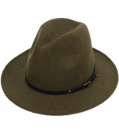 Fedoras Women Lady Vintage Retro Wide Brim Wool Fedora Hat Panama Cap with Belt Buckle - Army Green - CY18A6ZOUGY $27.66