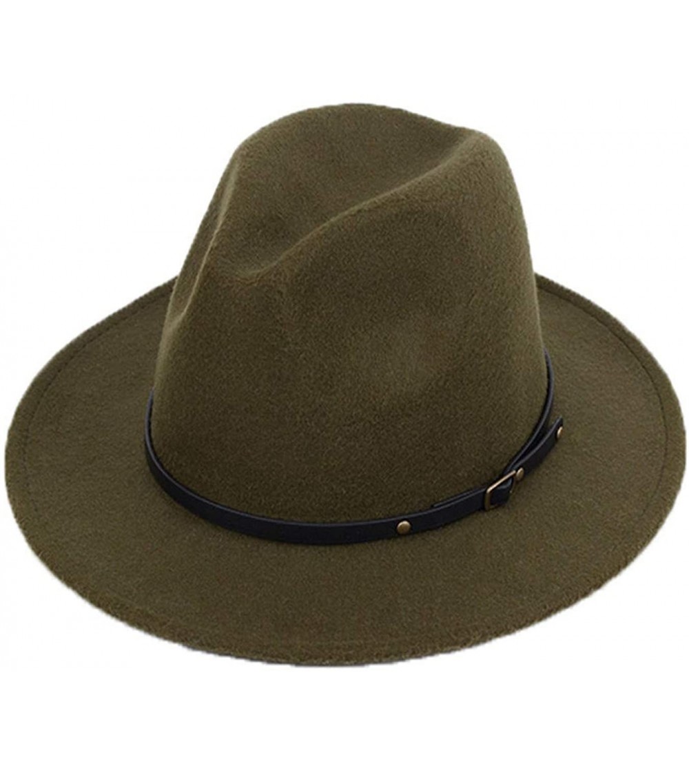 Fedoras Women Lady Vintage Retro Wide Brim Wool Fedora Hat Panama Cap with Belt Buckle - Army Green - CY18A6ZOUGY $15.29