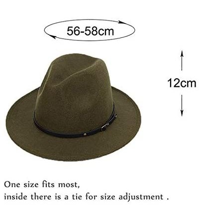 Fedoras Women Lady Vintage Retro Wide Brim Wool Fedora Hat Panama Cap with Belt Buckle - Army Green - CY18A6ZOUGY $15.29