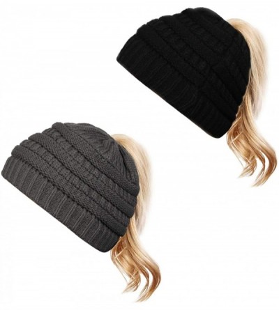 Skullies & Beanies Cable Knit Bun Hole Beanies Ponytail Hat for Women Soft Messy Bun Trucker Winter Hat - Black+gray - C018LA...