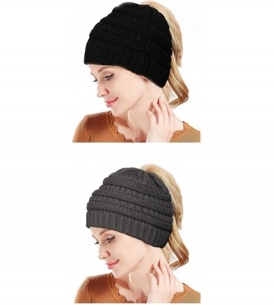 Skullies & Beanies Cable Knit Bun Hole Beanies Ponytail Hat for Women Soft Messy Bun Trucker Winter Hat - Black+gray - C018LA...