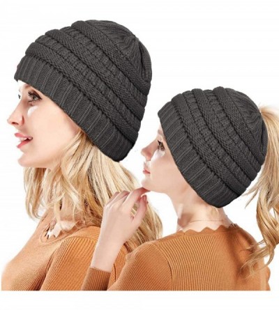 Skullies & Beanies Cable Knit Bun Hole Beanies Ponytail Hat for Women Soft Messy Bun Trucker Winter Hat - Black+gray - C018LA...