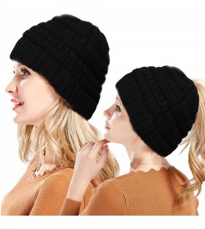 Skullies & Beanies Cable Knit Bun Hole Beanies Ponytail Hat for Women Soft Messy Bun Trucker Winter Hat - Black+gray - C018LA...