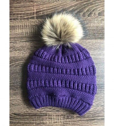 Skullies & Beanies Knit Hat for Womens Girls Fleece Winter Slouchy Beanie Hat with Real Raccon Fox Fur Pom Pom - Slouch Deep ...