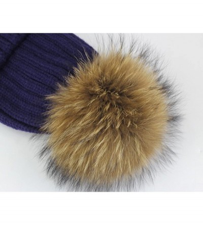 Skullies & Beanies Knit Hat for Womens Girls Fleece Winter Slouchy Beanie Hat with Real Raccon Fox Fur Pom Pom - Slouch Deep ...