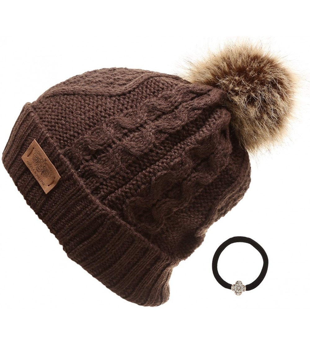 Skullies & Beanies Women's Winter Fleece Lined Cable Knitted Pom Pom Beanie Hat with Hair Tie. - Brown - CV18I7SEQ50 $16.05