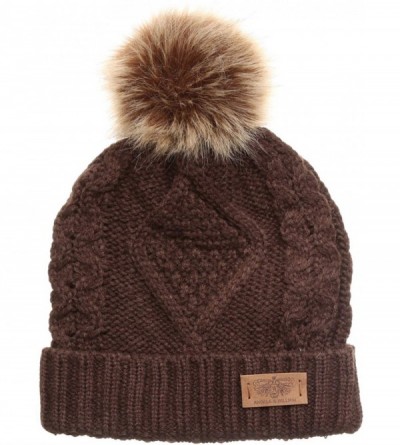 Skullies & Beanies Women's Winter Fleece Lined Cable Knitted Pom Pom Beanie Hat with Hair Tie. - Brown - CV18I7SEQ50 $16.05