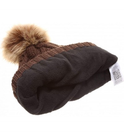 Skullies & Beanies Women's Winter Fleece Lined Cable Knitted Pom Pom Beanie Hat with Hair Tie. - Brown - CV18I7SEQ50 $16.05