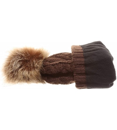 Skullies & Beanies Women's Winter Fleece Lined Cable Knitted Pom Pom Beanie Hat with Hair Tie. - Brown - CV18I7SEQ50 $16.05