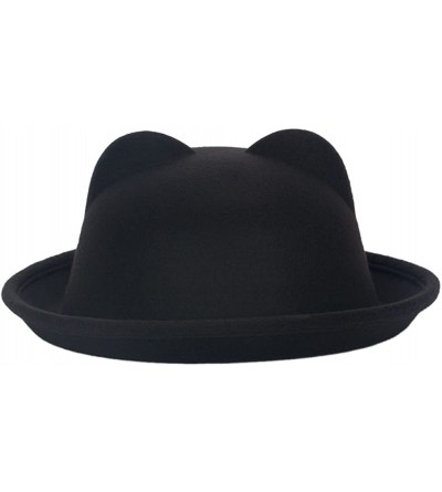 Bucket Hats Ladies Fedora Wool Brim Round Bowler Caps Derby Bow Cloche Hat Cap - Black - CI12K8X5QV3 $9.58