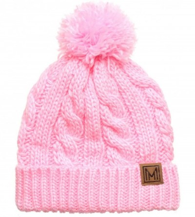 Skullies & Beanies Winter Oversized Cable Knitted Pom Pom Beanie Hat with Fleece Lining. - Light Pink - CS18IEGR4YU $14.53