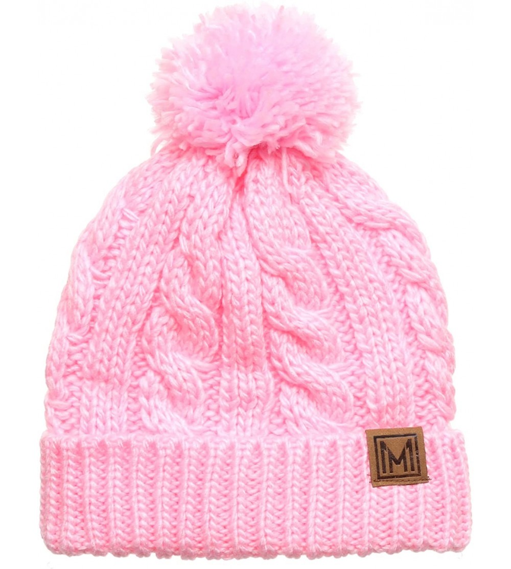 Skullies & Beanies Winter Oversized Cable Knitted Pom Pom Beanie Hat with Fleece Lining. - Light Pink - CS18IEGR4YU $14.53