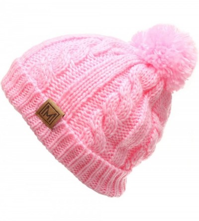 Skullies & Beanies Winter Oversized Cable Knitted Pom Pom Beanie Hat with Fleece Lining. - Light Pink - CS18IEGR4YU $14.53