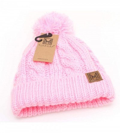Skullies & Beanies Winter Oversized Cable Knitted Pom Pom Beanie Hat with Fleece Lining. - Light Pink - CS18IEGR4YU $14.53