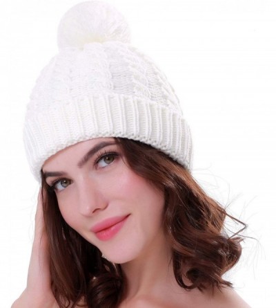Skullies & Beanies Women's Winter Beanie Warm Fleece Lining - Thick Slouchy Cable Knit Skull Hat Ski Cap - White - CR18KWST24...