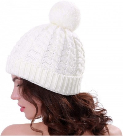 Skullies & Beanies Women's Winter Beanie Warm Fleece Lining - Thick Slouchy Cable Knit Skull Hat Ski Cap - White - CR18KWST24...