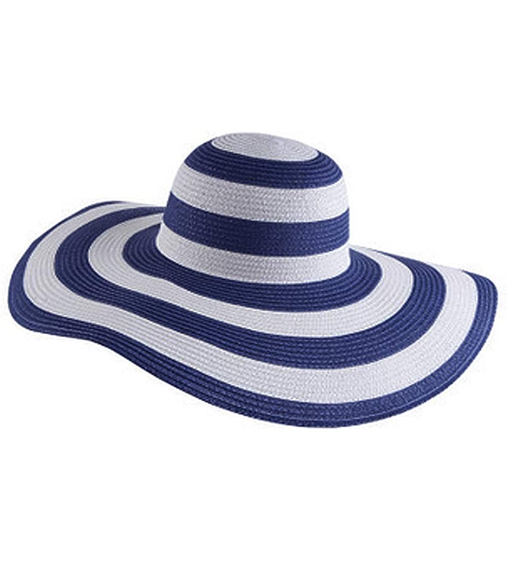Sun Hats Womens Foldable Wide Brim Roll-up Straw Hat Beach Big Sun Cap UPF 50 - Navy Blue Stripes - CW18D7RRCMM $19.66