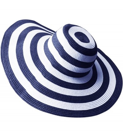 Sun Hats Womens Foldable Wide Brim Roll-up Straw Hat Beach Big Sun Cap UPF 50 - Navy Blue Stripes - CW18D7RRCMM $19.66