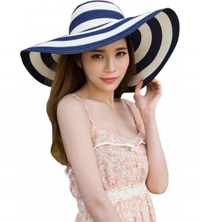 Sun Hats Womens Foldable Wide Brim Roll-up Straw Hat Beach Big Sun Cap UPF 50 - Navy Blue Stripes - CW18D7RRCMM $19.66