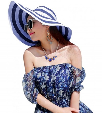 Sun Hats Womens Foldable Wide Brim Roll-up Straw Hat Beach Big Sun Cap UPF 50 - Navy Blue Stripes - CW18D7RRCMM $19.66