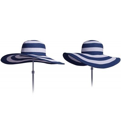 Sun Hats Womens Foldable Wide Brim Roll-up Straw Hat Beach Big Sun Cap UPF 50 - Navy Blue Stripes - CW18D7RRCMM $19.66