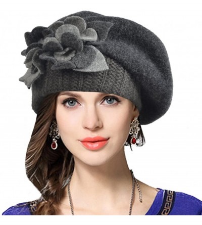 Berets Lady French Beret 100% Wool Beret Floral Dress Beanie Winter Hat - Floral-grey - CD12O65QNV7 $14.53