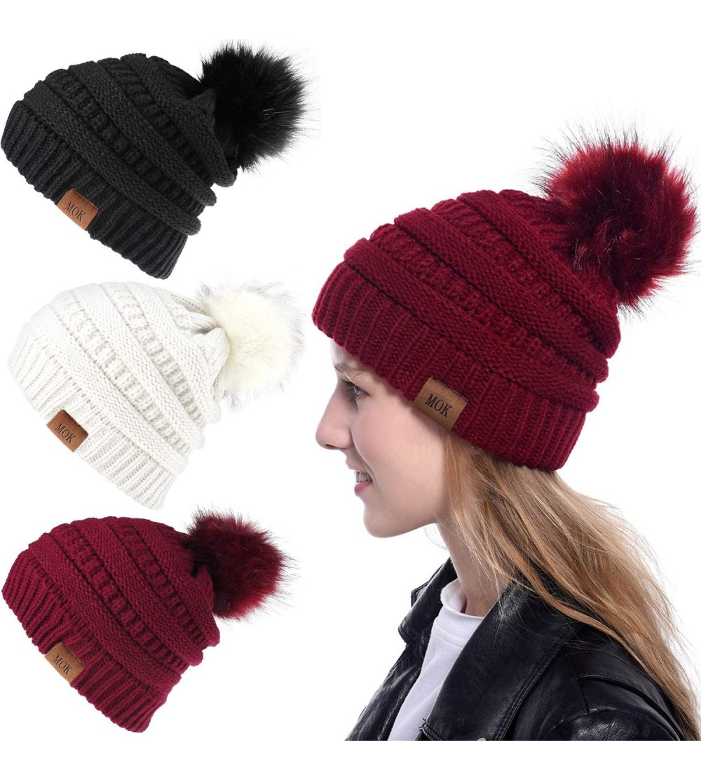 Skullies & Beanies 3 Pieces Knit Beanie Hat with Faux Fur Pom Hat Winter Baggy Cap Warm Bobbles Hat for Women - Black- Claret...