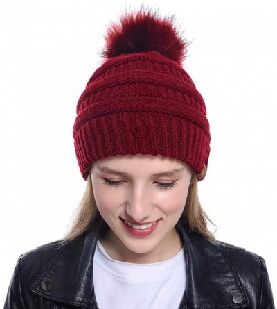 Skullies & Beanies 3 Pieces Knit Beanie Hat with Faux Fur Pom Hat Winter Baggy Cap Warm Bobbles Hat for Women - Black- Claret...