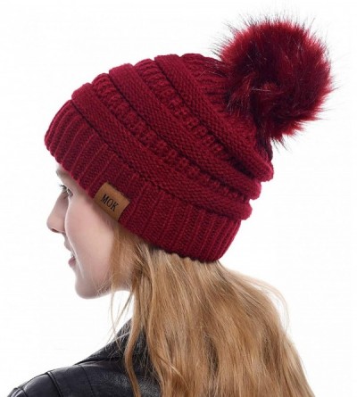 Skullies & Beanies 3 Pieces Knit Beanie Hat with Faux Fur Pom Hat Winter Baggy Cap Warm Bobbles Hat for Women - Black- Claret...