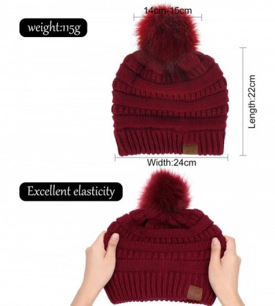 Skullies & Beanies 3 Pieces Knit Beanie Hat with Faux Fur Pom Hat Winter Baggy Cap Warm Bobbles Hat for Women - Black- Claret...