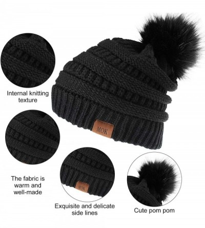 Skullies & Beanies 3 Pieces Knit Beanie Hat with Faux Fur Pom Hat Winter Baggy Cap Warm Bobbles Hat for Women - Black- Claret...