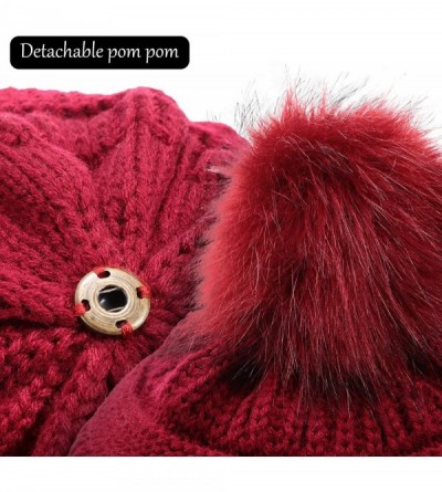 Skullies & Beanies 3 Pieces Knit Beanie Hat with Faux Fur Pom Hat Winter Baggy Cap Warm Bobbles Hat for Women - Black- Claret...