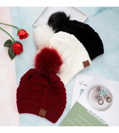 Skullies & Beanies 3 Pieces Knit Beanie Hat with Faux Fur Pom Hat Winter Baggy Cap Warm Bobbles Hat for Women - Black- Claret...