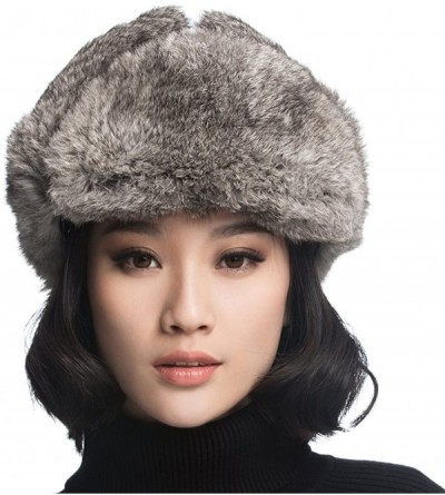 Bomber Hats Black Leather Rabbit Fur Aviator Hat - Black With Grey Rabbit Fur - CV120I2O0LV $27.32