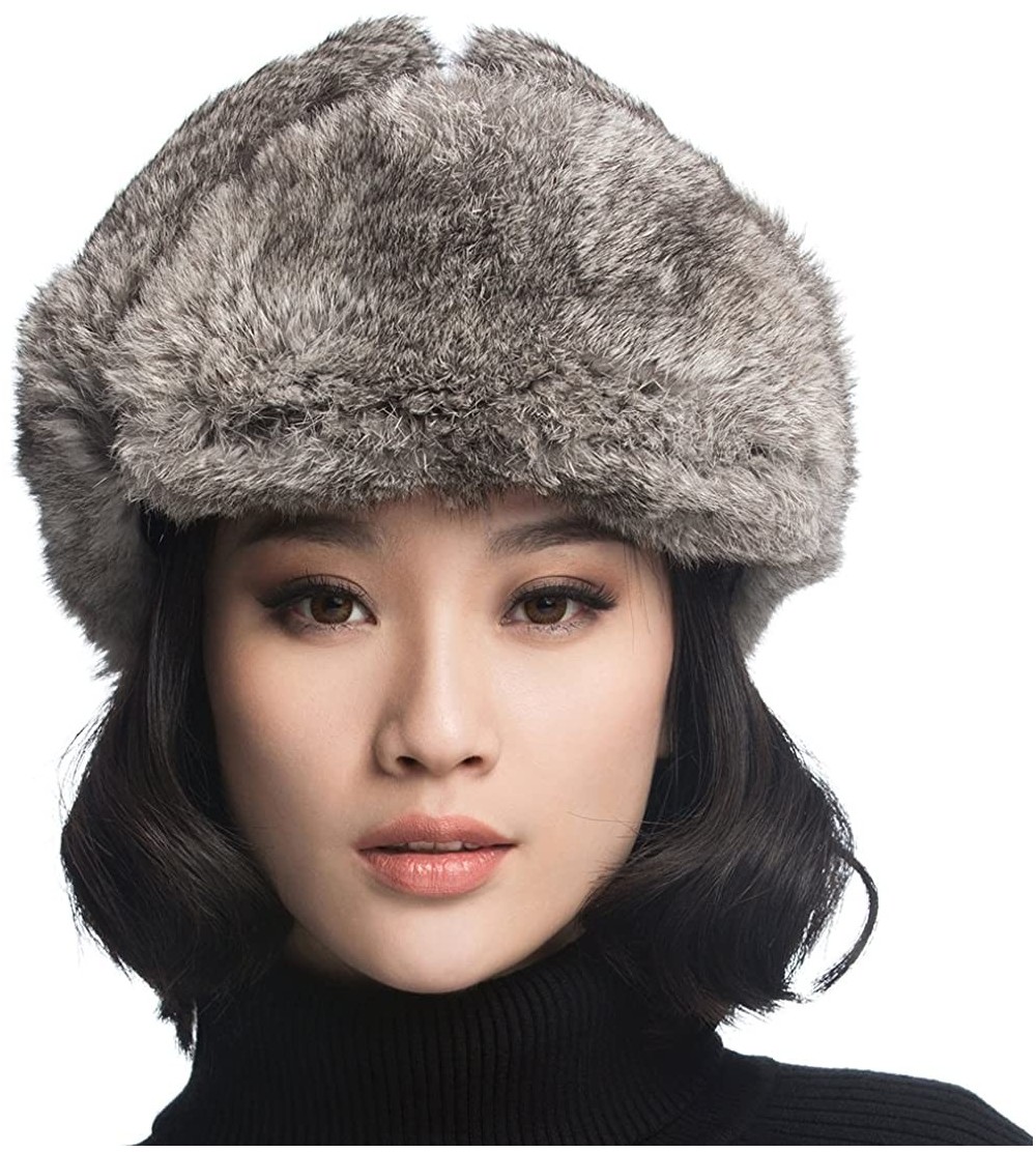 Bomber Hats Black Leather Rabbit Fur Aviator Hat - Black With Grey Rabbit Fur - CV120I2O0LV $27.32