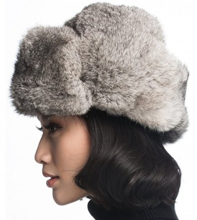 Bomber Hats Black Leather Rabbit Fur Aviator Hat - Black With Grey Rabbit Fur - CV120I2O0LV $27.32