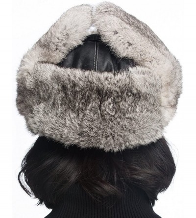 Bomber Hats Black Leather Rabbit Fur Aviator Hat - Black With Grey Rabbit Fur - CV120I2O0LV $27.32