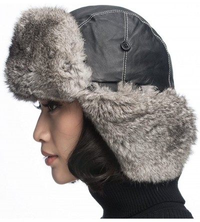 Bomber Hats Black Leather Rabbit Fur Aviator Hat - Black With Grey Rabbit Fur - CV120I2O0LV $27.32