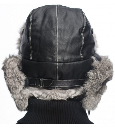 Bomber Hats Black Leather Rabbit Fur Aviator Hat - Black With Grey Rabbit Fur - CV120I2O0LV $27.32