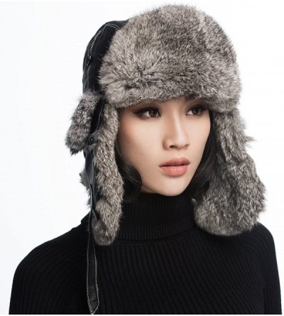 Bomber Hats Black Leather Rabbit Fur Aviator Hat - Black With Grey Rabbit Fur - CV120I2O0LV $27.32